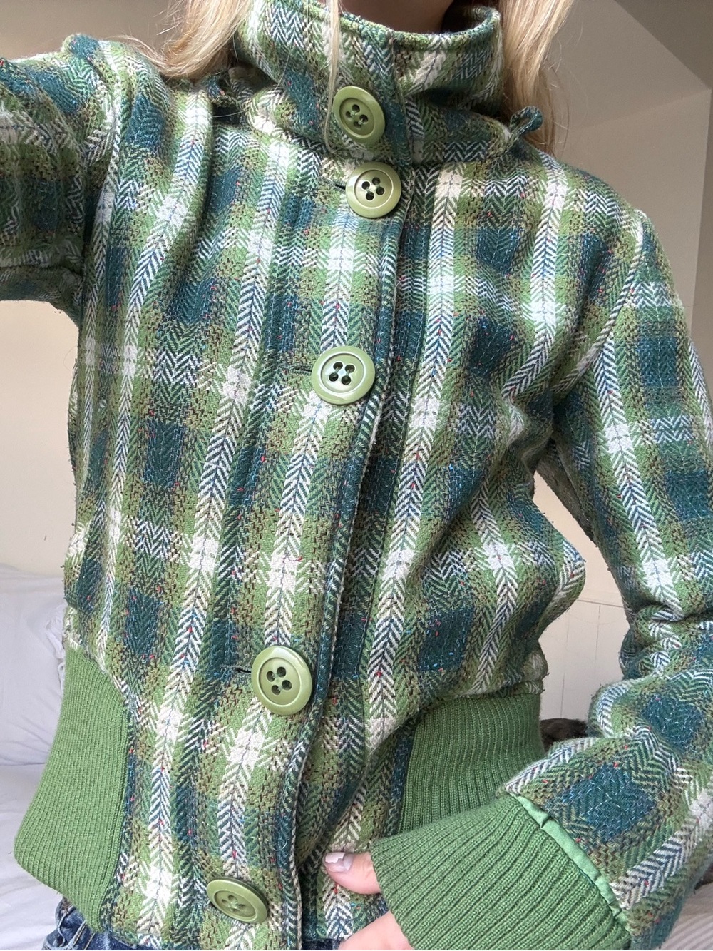 Vintage Green Plaid Pea Coat with High Collar